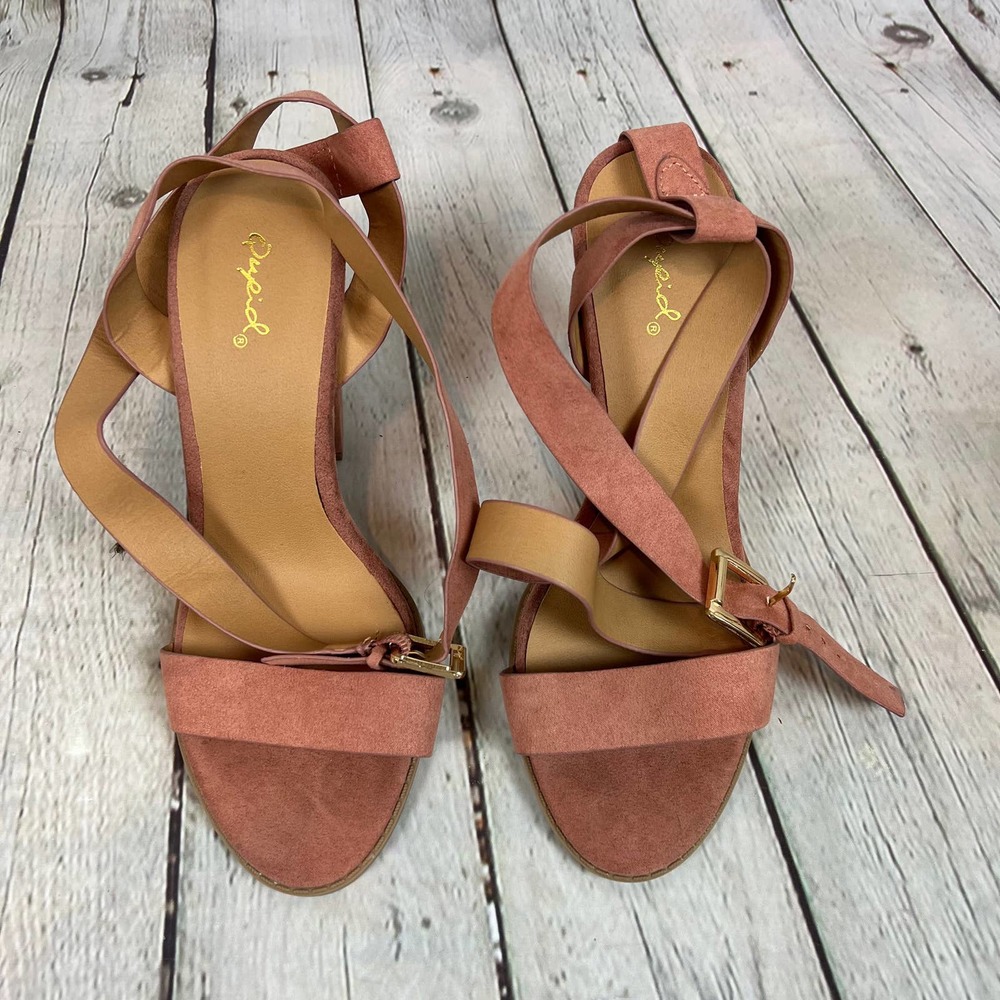 Qupid Faux Suede Open Toe Chunky Heel Shoes Pink Blush Womens 8